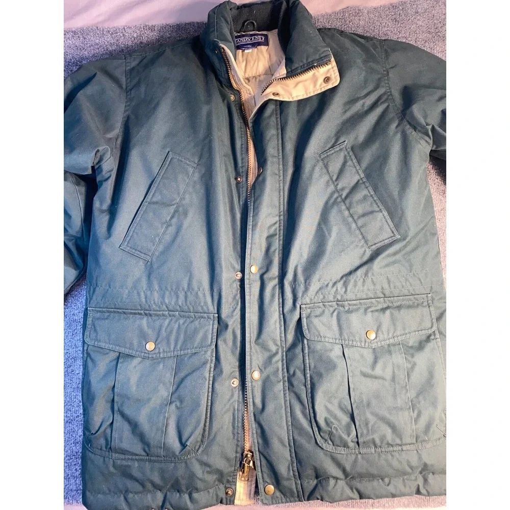 Lands' End Long Jacket Men Medium Green Down Fill Line‎ Snap Front Inside Zip
